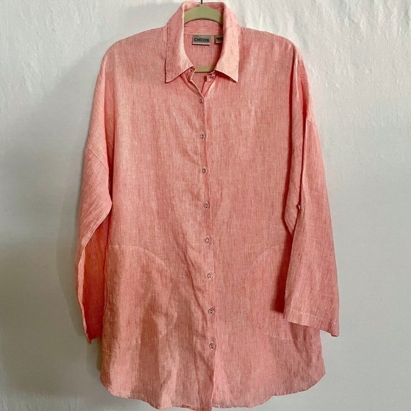 Chico's Linen Longline Button Down Striped Tunic Top Lagenlook Beachy - Picture 1 of 15